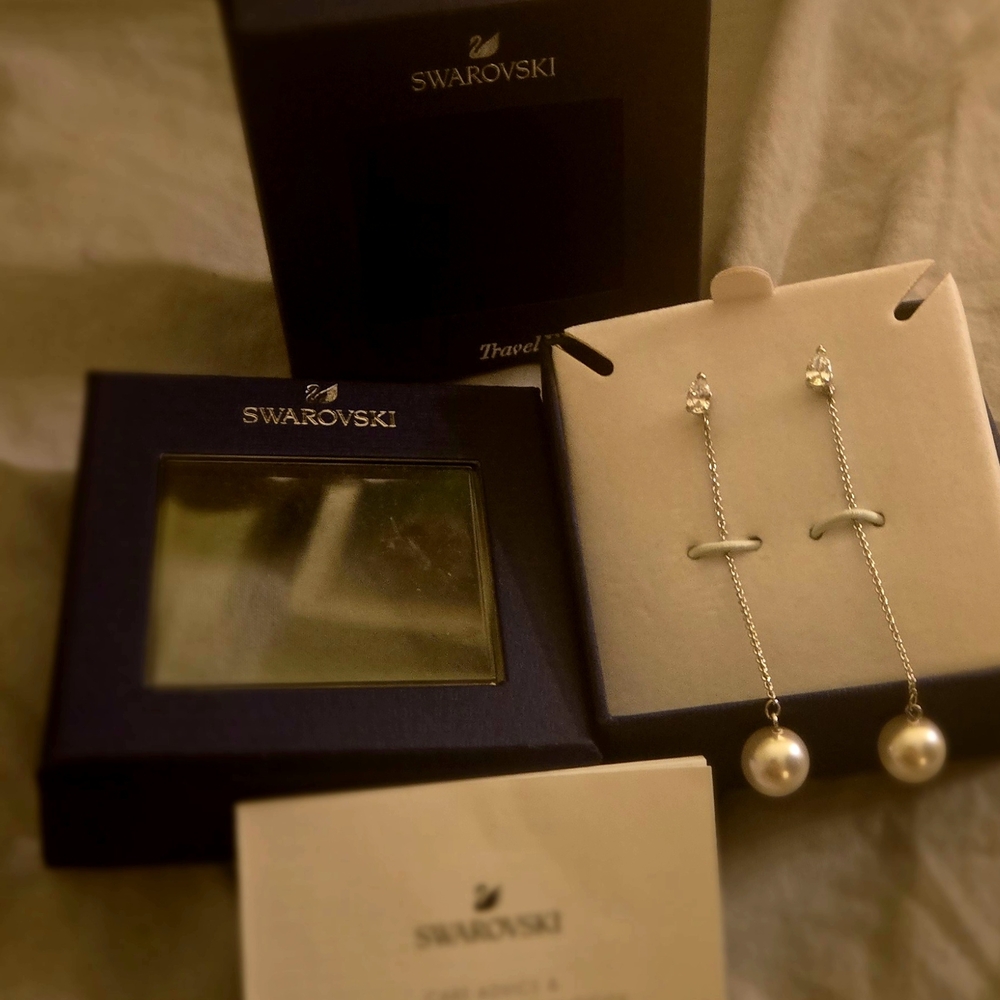 Swarovski Crystal&Pearl Long Dangle Earrings. Crystal Studs- Worn Alone 2  In 1